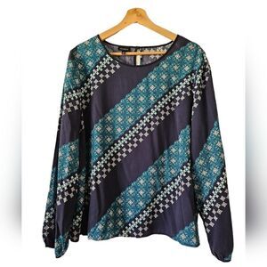 Talbots Diagonal Blue Striped Geometric Tencel Blouse Top Long Sleeve Shirt XL